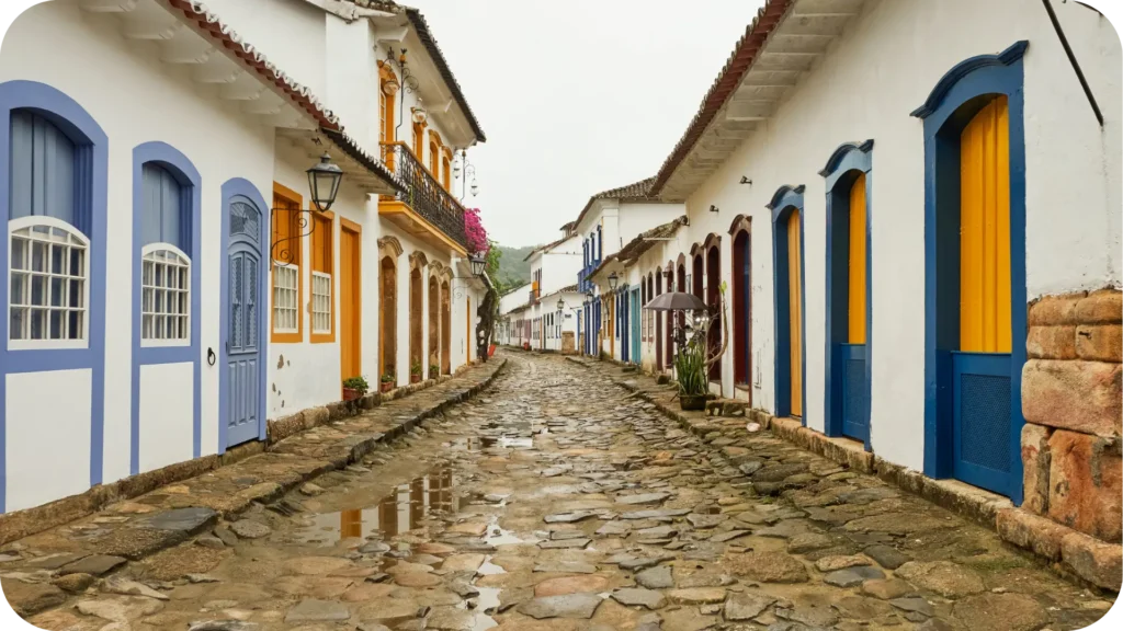 Rua de paralelepípedos no centro histórico de Paraty, no Rio de Janeiro, com casas coloniais brancas de portas e janelas coloridas, refletidas em pequenas poças de água após a chuva