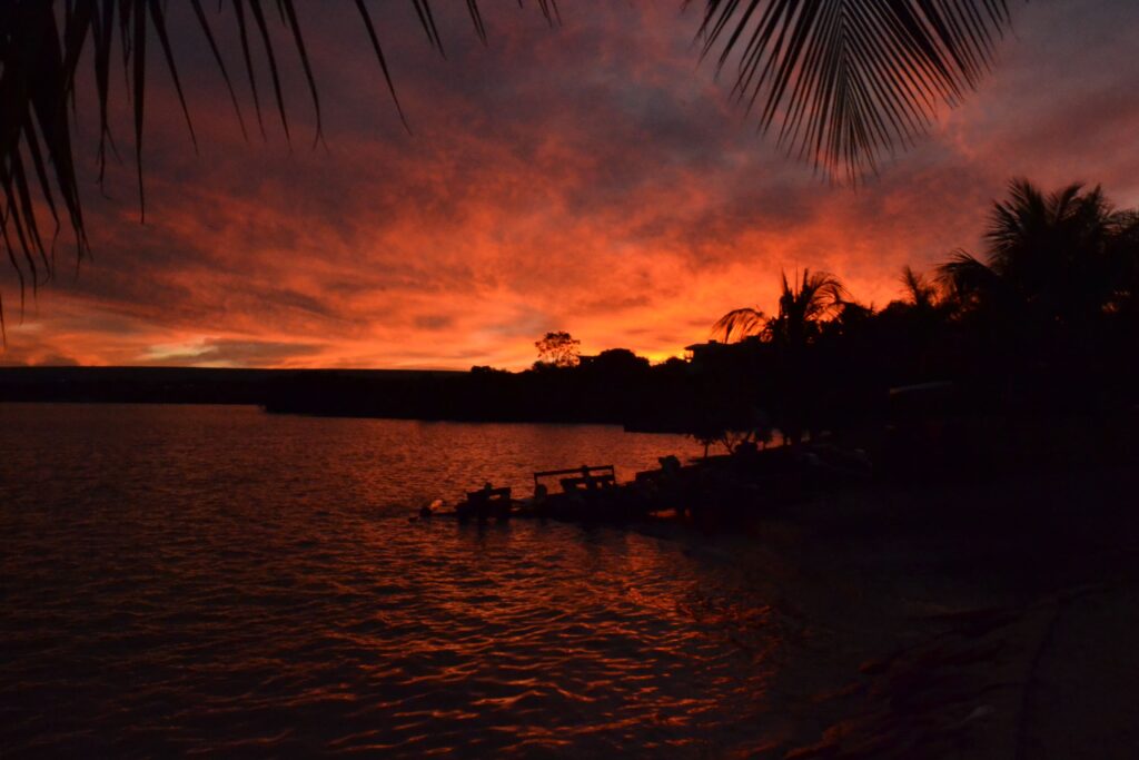 pôr do sol dramático em tons alaranjados e vermelhos sobre lago em caldas novas com palmeiras e casas ao fundo.