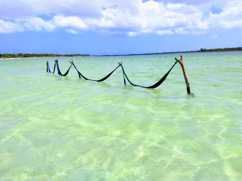 redes submersas em lagoa de água esverdeada e cristalina em jericoacoara destino do nordeste em julho.