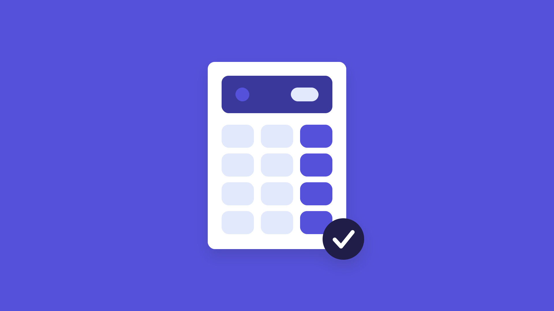 Calculadora branca com selo de check sobre fundo índigo, representando o custo do benefício de viagem por colaborador